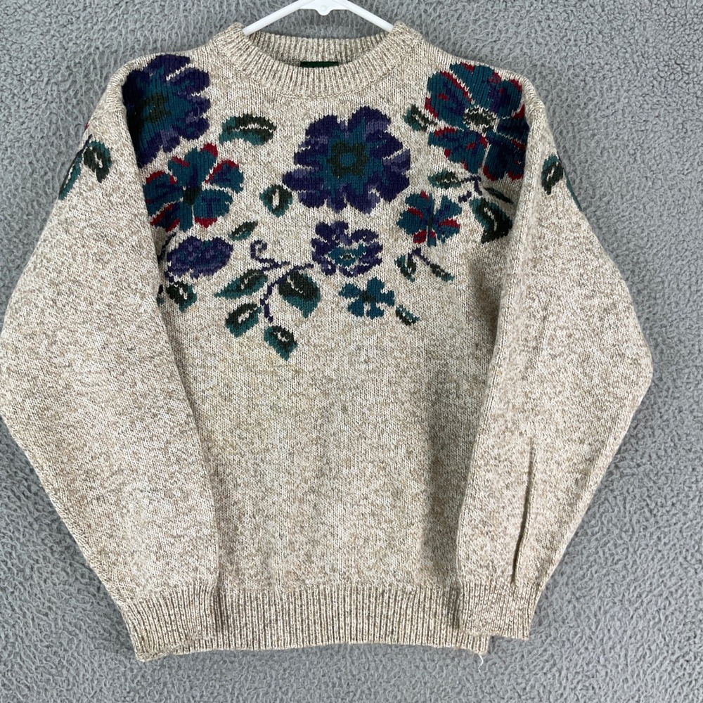 Northern Reflections Floral Sweater Womens S Oatmeal Wool Blend Vintage Crewneck